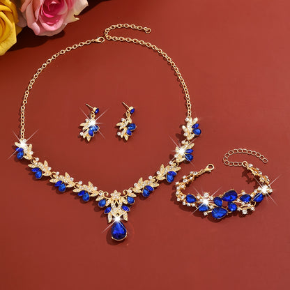 Luxury Blue Jewelry Three-Piece Set: Teardrop Pendant Necklace + Bracelet + Earrings, Women's Banquet Accessories
