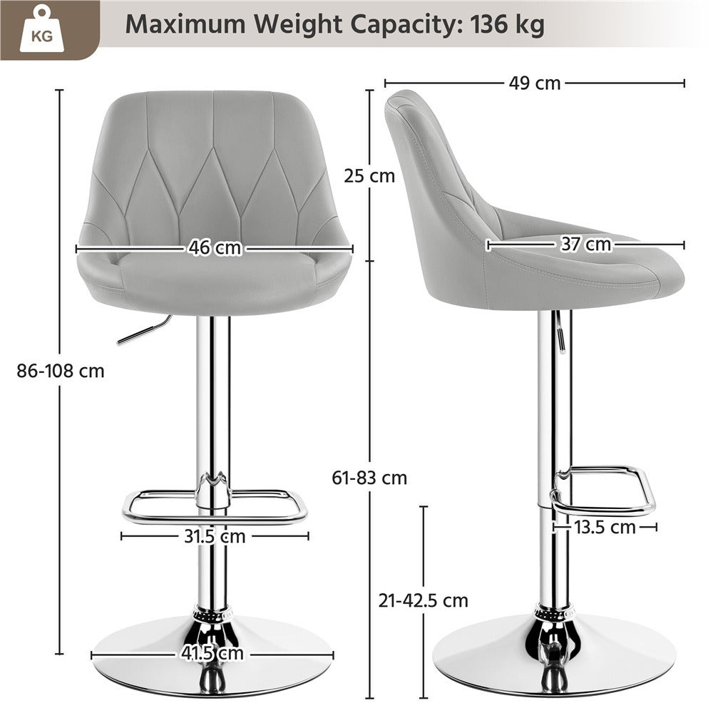 Swivel Bar Stools Set of 2 Faux Leather Height Adjustable 61.5-83cm Ergonomic Backrest Cushioned Seat Chrome Footrest 136kg Capacity Kitchen Island Counter Dark Grey Black White Retro Brown Light Grey