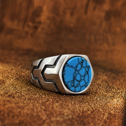 Middle East Titanium Stainless Steel Steel Retro Faux Gemstone Turquoise Stainless Steel Ring, Durable Anti-allergy Men's Fashion Jewelry Anniversary or Birthday Gift Suitable for Daily Wear