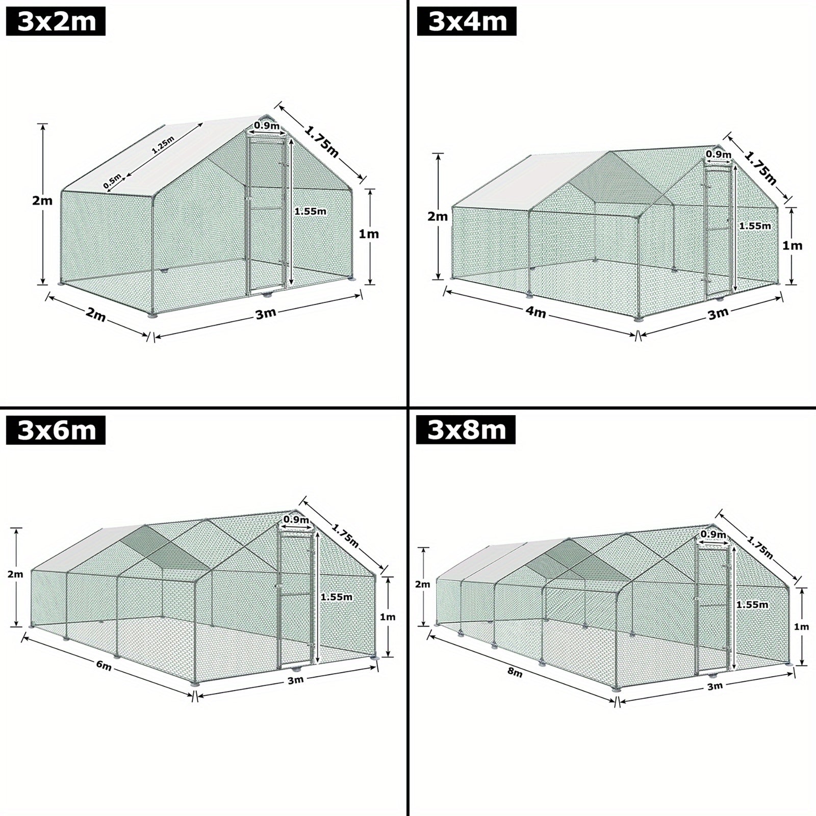 Walk-In Chicken Run 3x2m to 3x8m Galvanised Steel Poultry Cage Outdoor Enclosure for Chickens Rabbits Ducks