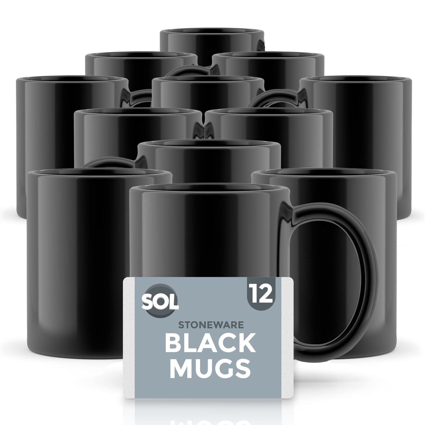 SOL 12-Pack Black Mugs Set, 11oz | Stoneware Ceramic Coffee & Tea Mugs | Durable Plain Black Cups for Home, Office, Café & Restaurant | Stackable Everyday Drinkware | Dishwasher & Microwave Safe Hot Beverage Mug Set