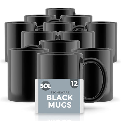 SOL 12-Pack Black Mugs Set, 11oz | Stoneware Ceramic Coffee & Tea Mugs | Durable Plain Black Cups for Home, Office, Café & Restaurant | Stackable Everyday Drinkware | Dishwasher & Microwave Safe Hot Beverage Mug Set