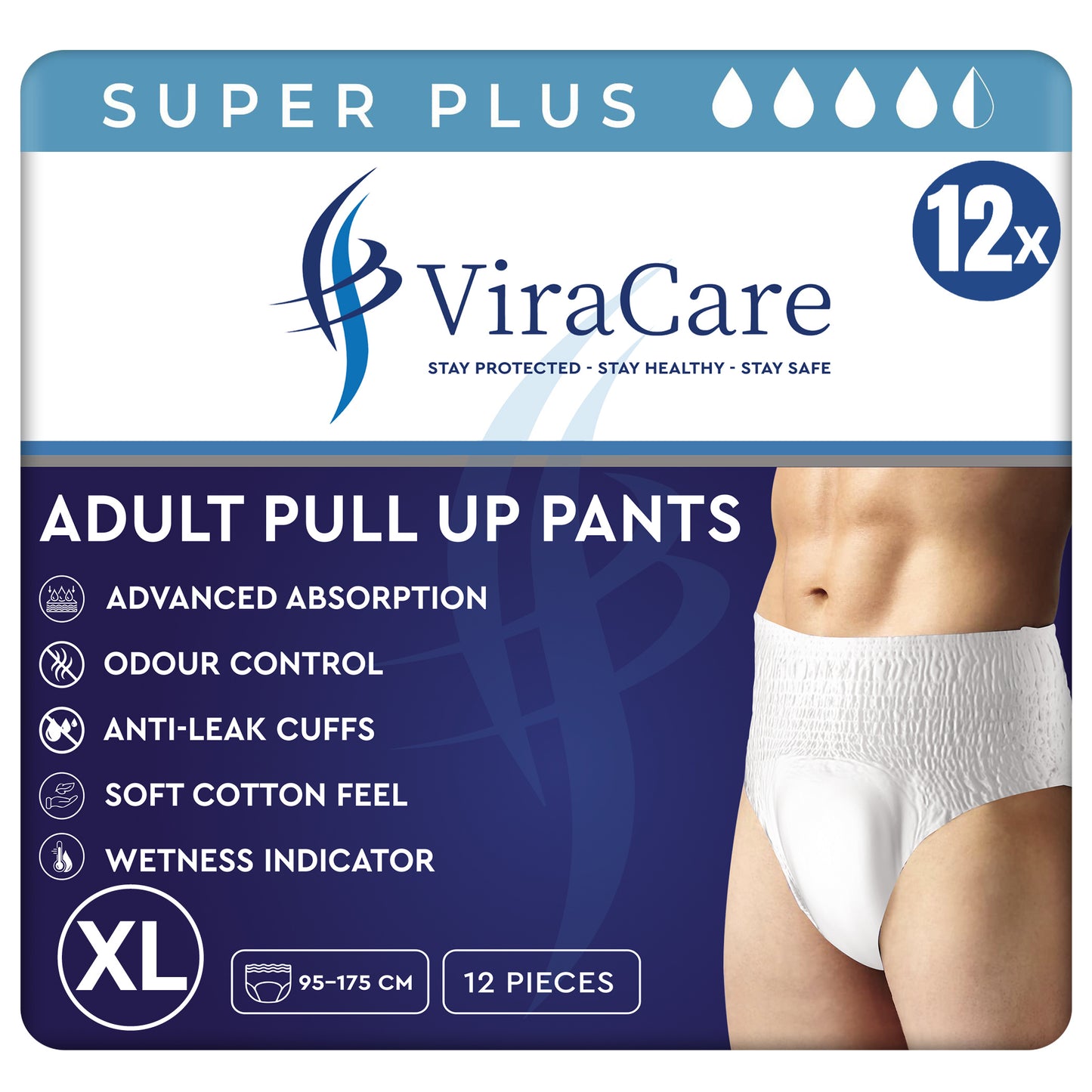 12 x Super Plus Absorbent Pants Women & Men | Adults Nappies | Advanced Absorption and Soft-Stretch Waistband | Adults Pull Up Pants | Waist Size Medium 65-135 cm | (1 Pack of 12)