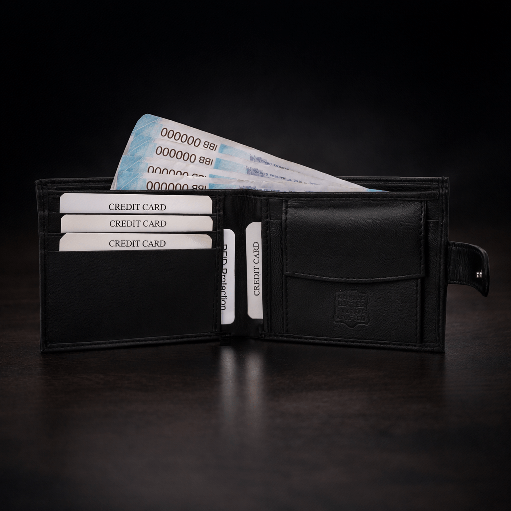 Mens Genuine Leather Wallet Black RFID Blocking Soft Bi Fold Card Slots and Coin Pocket