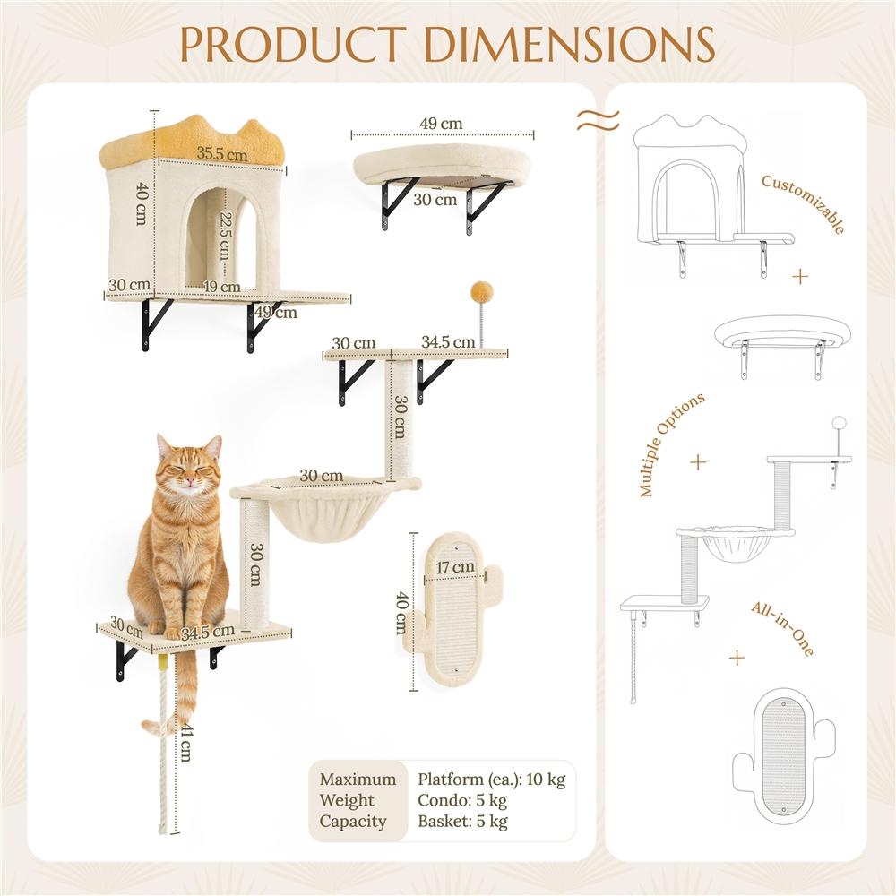 Costoffs Cat Tree Wall-Mounted Cat Furniture, Cat Wall Shelves & Perches, Climbing Shelves, Indoor Cat Tower, Wall-Mounted Cat Climbing Tree Set with Condos, Baskets & Scratching Posts, Space-Saving Cat Wall Furniture for Indoor Cats, Beige/Dark Gray