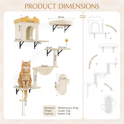Costoffs Cat Tree Wall-Mounted Cat Furniture, Cat Wall Shelves & Perches, Climbing Shelves, Indoor Cat Tower, Wall-Mounted Cat Climbing Tree Set with Condos, Baskets & Scratching Posts, Space-Saving Cat Wall Furniture for Indoor Cats, Beige/Dark Gray