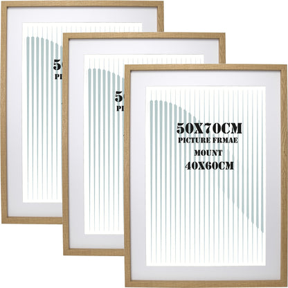 MDF Picture Frames, 50x70cm Set of 3 with Acid-Free Mount for 40x60cm, Available Colors: Black, White, Natural Wood