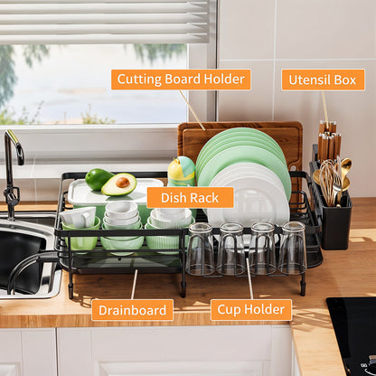 Adjustable Multi-Functional Dish Drainer Rack for the Kitchen, Wrought Iron Kitchen Utensil Rack, Large Capacity Storage Organiser with Drain Board, Utensil Rack, and Cup Hooks, Foldable Design to Save Space, Ideal for Drying Plates, Bowls, Pots, and Uten