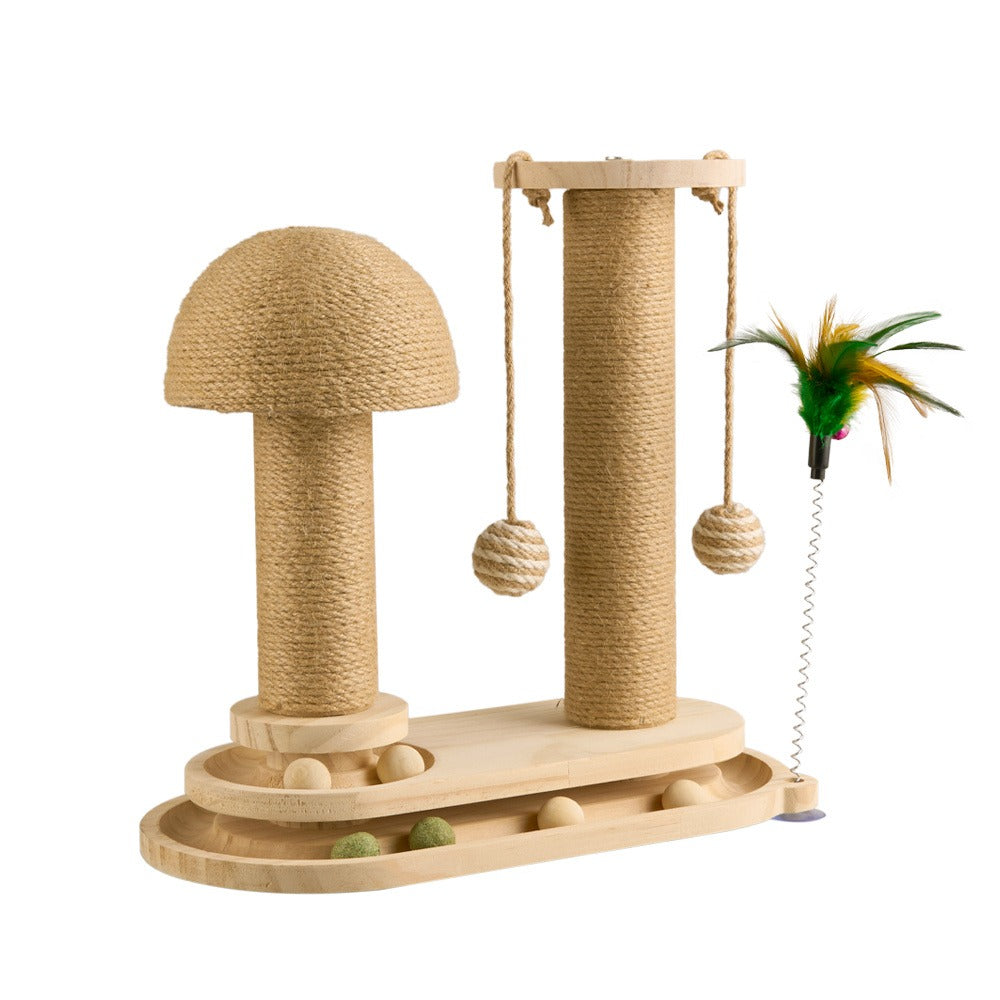 4-in-1 Cat Scratching Post with Sisal Rope, Ball Track & Spring Toy – Interactive Solid Wood Cat Activity Centre, 2 Sizes