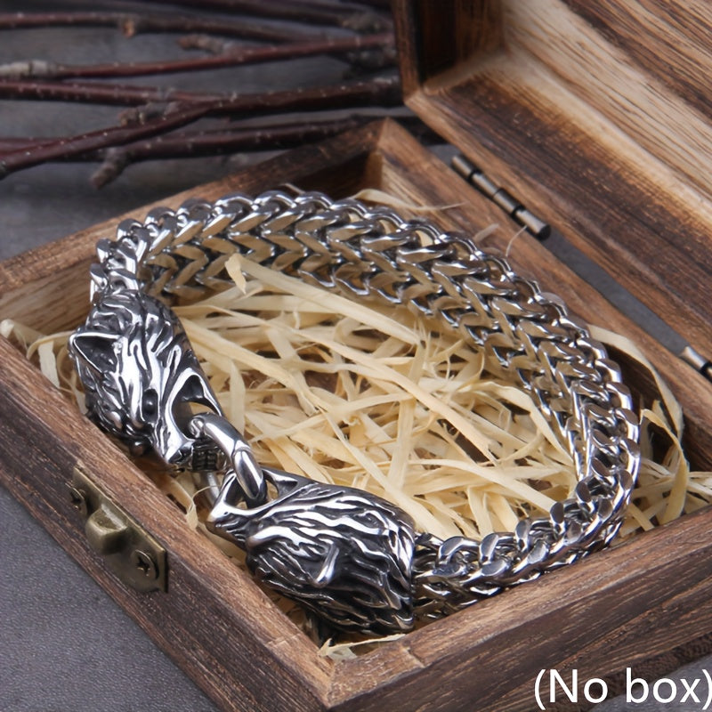 Never Fade Rock Viking Wolf Charm Bracelet Men'S 304 304 Stainless Steel Mesh Chain Silvery Color Wolf Punk Bracelets Biker Jewelry