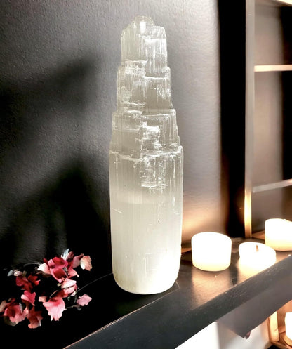 Selenite Mountain Pillars Handmade White Natural Raw Crystal Tower Healing Energy Mineral Meditation Charging Selenite Crystal Table Decorative Pillar Chakra Spiritual Gift Decorative