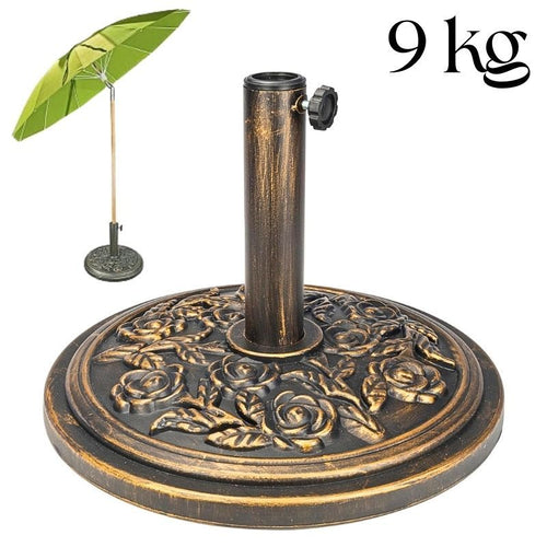 9kg Round Parasol Base Bronze Cast Iron Effect Umbrella Stand, Outdoor Heavy Duty Weight Support with Adjustable Collars & Tightening Knob for Garden, Patio, Lawn & Terrace Furniture, Floral Design, Bronze