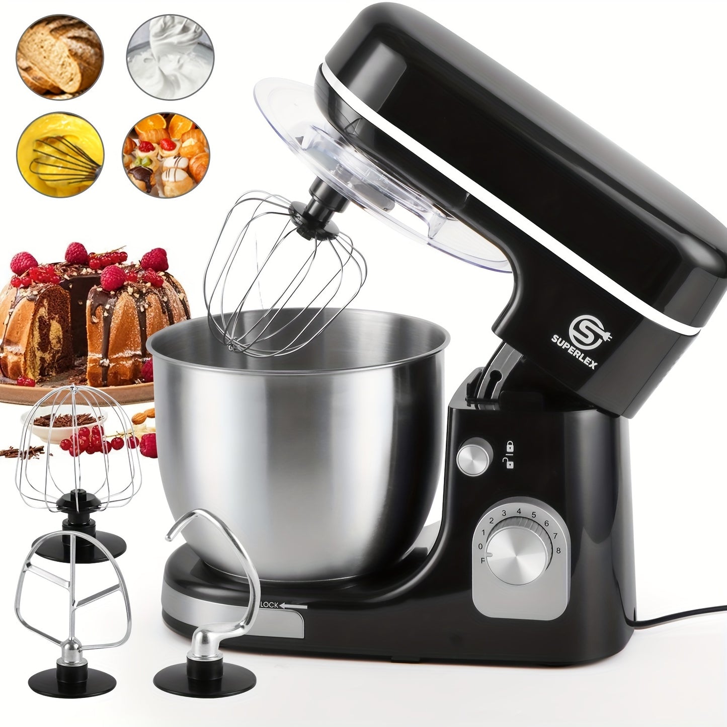 SUPERLEX 3-in-1 Stand Mixer 5L with 8 Speeds, Kitchen Machine with Pulse with Dough Hook, Whisk, Eggbeater Attachment for Baking Cake Bread 1300W