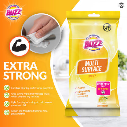 Buzz 220 Pack Multi-Surface Cleaning Wipes – Lemon Scent | 4 × 55 Packs Household Multipurpose Wipes for Kitchen, Bathroom & Floor | Quick & Easy Spill Cleanup | Durable All-Purpose Wipes for Everyday Messes | Fresh Smelling Home & Office Cleaning Solutio