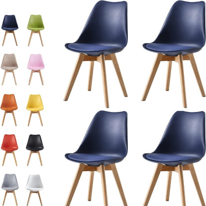 Set of 4 Dining Chairs with Wooden Legs & Cushion Pad - Retro Mid-Century Faux Leather Seat, 120kg Capacity, 7 Colours, UK Stock