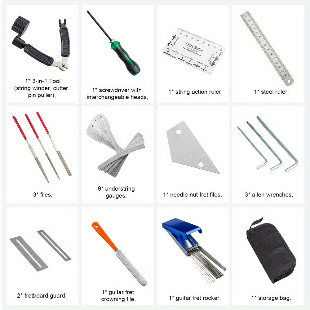 Guitar Maintenance Tools Kit – Guitar Repair & Cleaning Kit with String Winder, Cutter, Fret Files, Screwdriver – Guitar Tool Set for Acoustic, Electric, Bass Guitars for Beginners Musicians