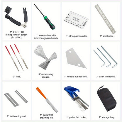 Guitar Maintenance Tools Kit – Guitar Repair & Cleaning Kit with String Winder, Cutter, Fret Files, Screwdriver – Guitar Tool Set for Acoustic, Electric, Bass Guitars for Beginners Musicians