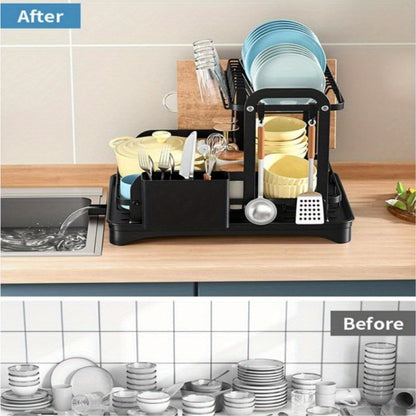 2- Tier Large Capacity Dish Drying Rack, Large Dish Rack with Drainboard, Multifunctional Rustproof Kitchen Dish Drainer, Durable & Space Saving