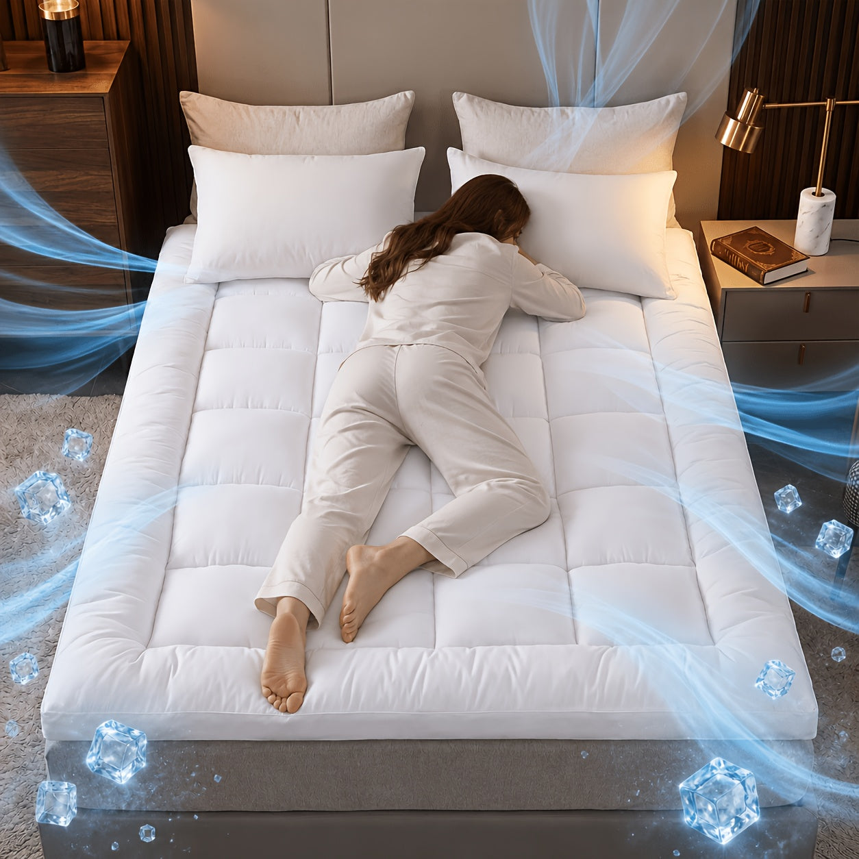 10cm Hotel Quality Mattress Topper | Summer Cooling Super Soft with 1000GSM Hollowfiber Filling | 4 Elasticized Corner Straps | White Blue Grey | Suitable for UK Single, Small Double 4ft, Double, King, Super King Size