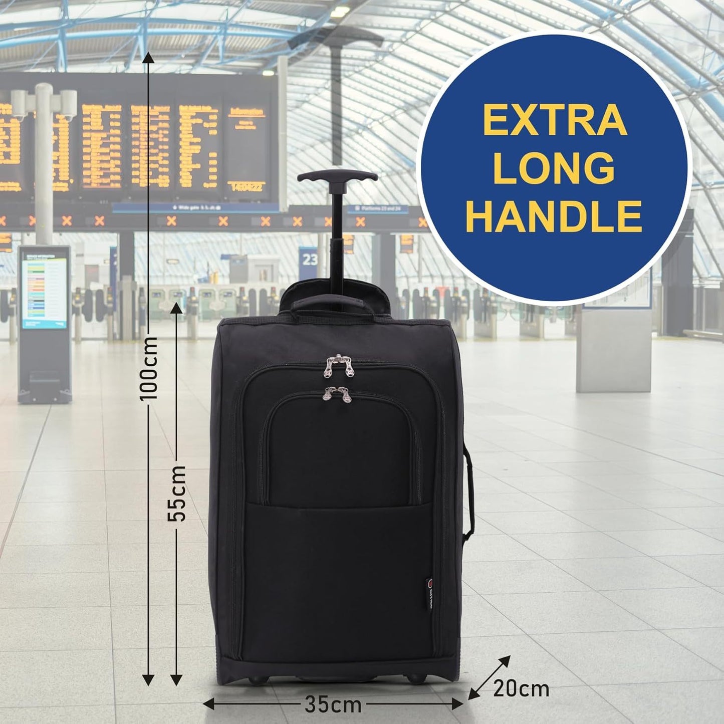 5 Cities 21” / 55cm Lightweight Carry On Travel Cabin Trolley Bag with Wheels, Cabin Approved Hand Luggage, 2 Year Warranty – Black