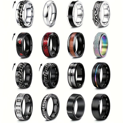 16pcs 201 Stainless Steel Men's & Women's Rotating Rings Suitable for Wedding, Engagement, Daily Wear - Black & Chain Style Matching Set, Affordable Gift for Him and Her