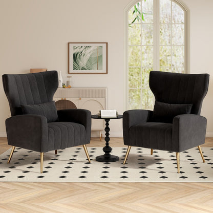 Velvet Armchair Wing Chair with Cushion & Pillow | Golden Metal Legs Padded Ergonomic Seat | Lounge Reading Reception Chair | Grey Beige Black | Living Room Bedroom Office