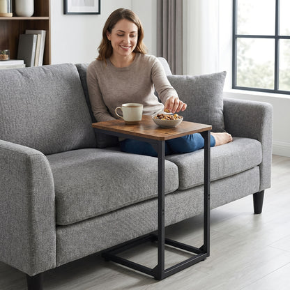 AMHANCIBLE1pcs/2pcs C Shaped Side Table, Sofa Side Table, Bedside Table, with Modern Metal Frame, Slim Bedside Table for Bedroom, Living Room, Laptop, Coffee, Tea, And Snacks. Contemporary Furniture, Adjustable Height, Brown Black And Grey.
