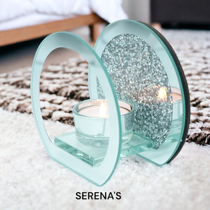 SERENA'S ® Elegant Crushed Diamond Crystal Tealight Candle Holder with Clear Silver Mirror Glass – Decorative Glass Walls for Home Decor and Special Occasions