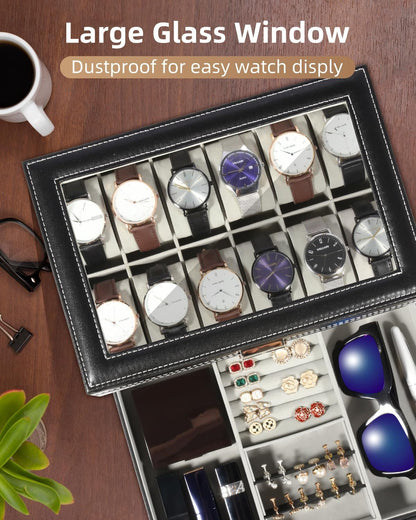 Uten Watch Box 12 Slots, 2-Tier Watch Case with Glass Lid, Watch Display Storage Box for Men and Women, Removable Watch Pillows