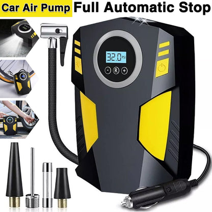 Portable Digital Tyre Inflator Smart Air Compressor with Auto Stop, LCD Screen & LED Light – 150W Handheld Electric Pump for Car, Motorcycle, Bike & Ball