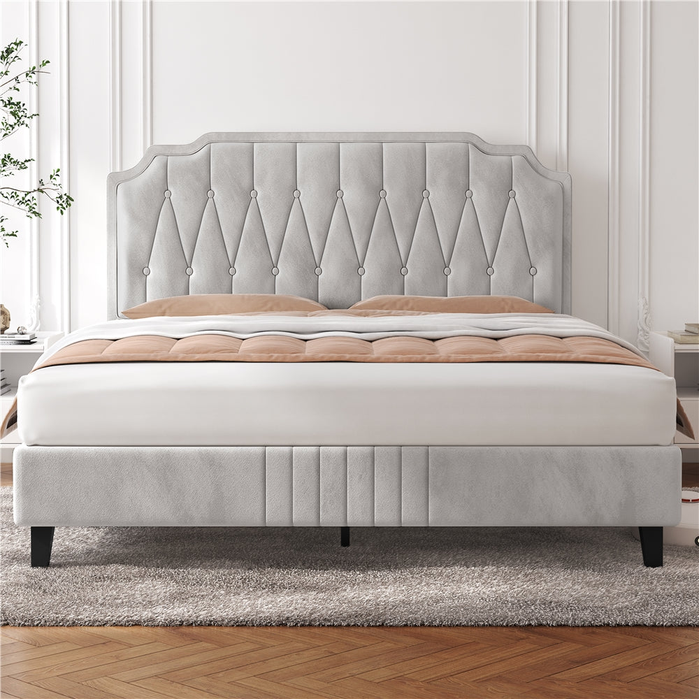 Costoffs Double/King Bed Frame Upholstered Platform Bed with Adjustable Button Tufted Headboard/Velvet Fabric/Mattress Foundation/Sturdy Wooden Slat Support, No Box Spring Needed, Black/Beige/Dark Grey/Light Grey