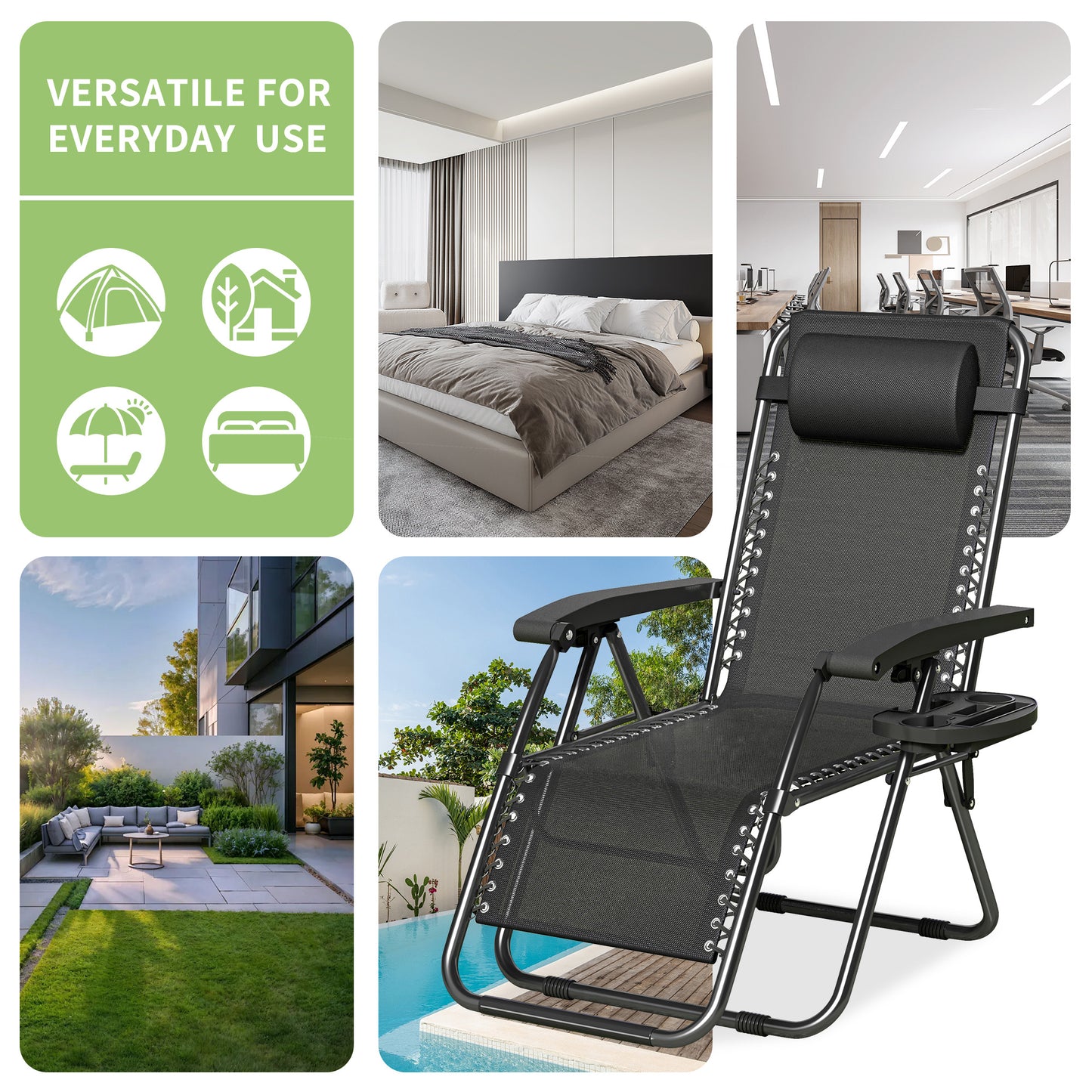 2pcs Zero Gravity Chairs, Fabric Foldable Patio Chairs Outdoor, Lounge Camping Chairs with Padded Pillow, Armrest, Footrest and Cup Holder - Textilene Fabric