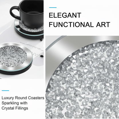 Serena's® Set of 4 Crystal Coasters – 10cm Glass Mirrored Drink Coasters with Glitter Crushed Diamond Design – Elegant Coasters for Home, Kitchen, Bar, or Table Decoration
