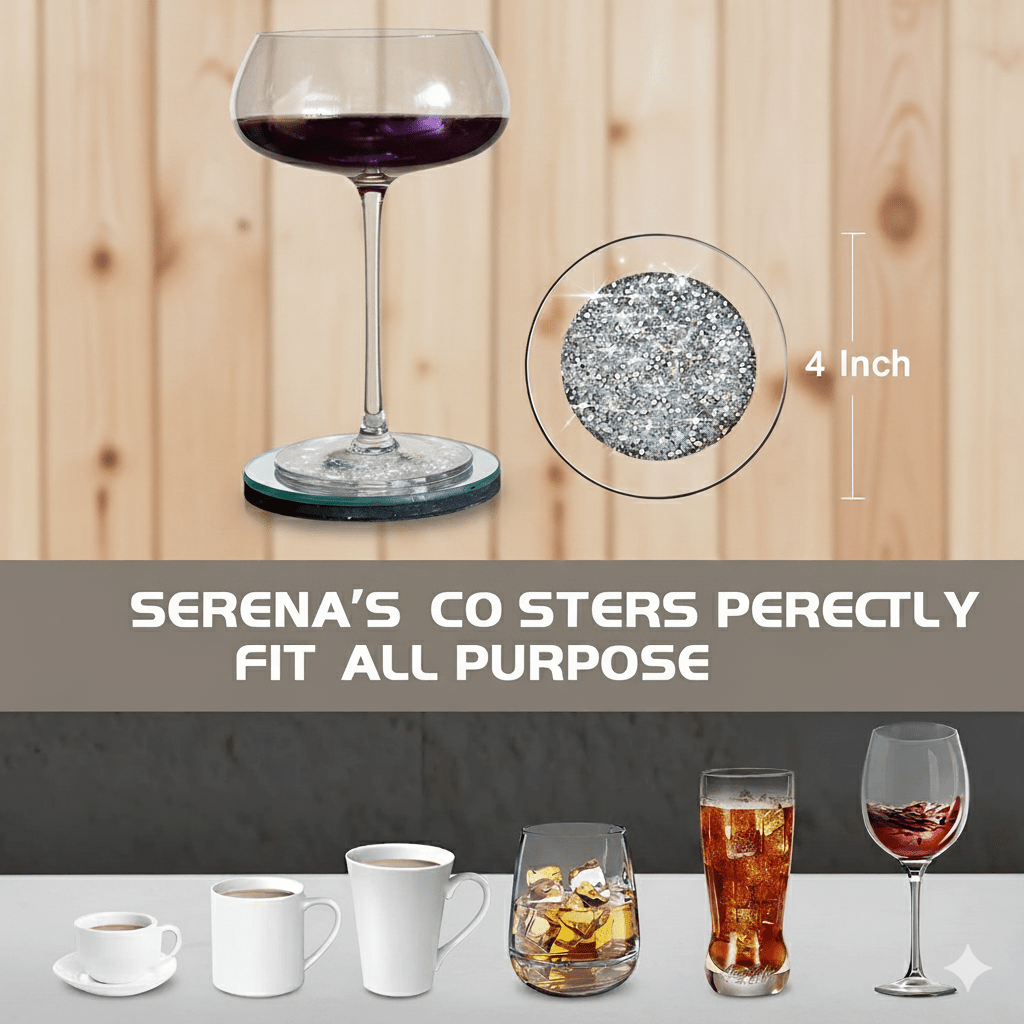 Serena's® Set of 4 Crystal Coasters – 10cm Glass Mirrored Drink Coasters with Glitter Crushed Diamond Design – Elegant Coasters for Home, Kitchen, Bar, or Table Decoration