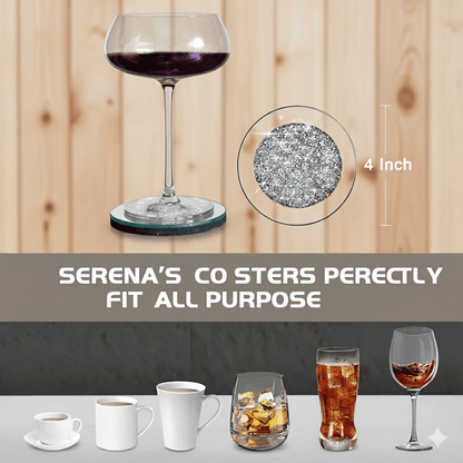 Serena's® Set of 4 Crystal Coasters – 10cm Glass Mirrored Drink Coasters with Glitter Crushed Diamond Design – Elegant Coasters for Home, Kitchen, Bar, or Table Decoration