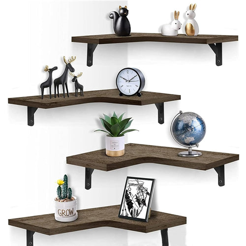 4 Tier Wooden Floating Shelves Wall Mounted Storage Rack L Shape Corner Shelf Versatile Home Kitchen Bathroom Bedroom for Books, Crafts, Festival Ornament, Toiletries Display Holder Decorative Stand