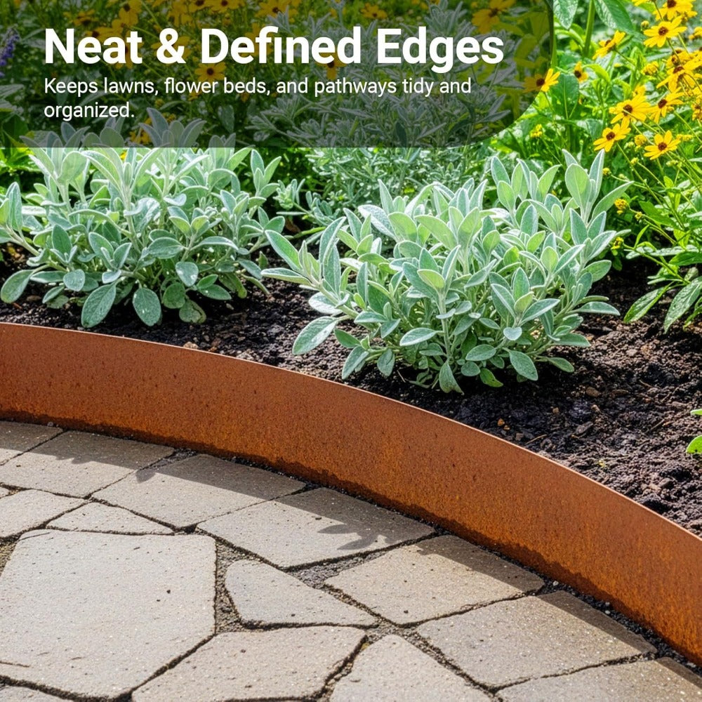 Corten Steel Lawn Edging 15cm x 5m – Pre-Aged Rust Finish, 0.3mm Thick Metal Garden Border for Lawns, Flower Beds & Gravel Paths | Gloves Included