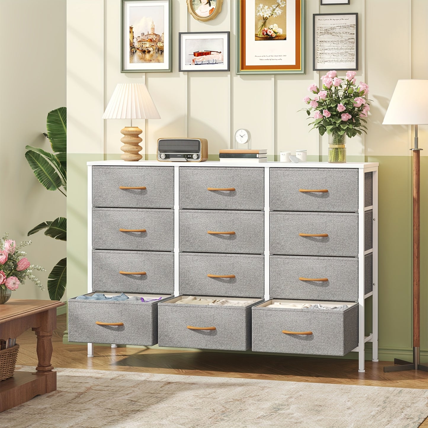 Chest Of Drawers with 12 Drawers, Wooden Frame & Golden Handles, Fabric Chest Of Drawers for Bedroom, Living Room, Hallway, Entryway