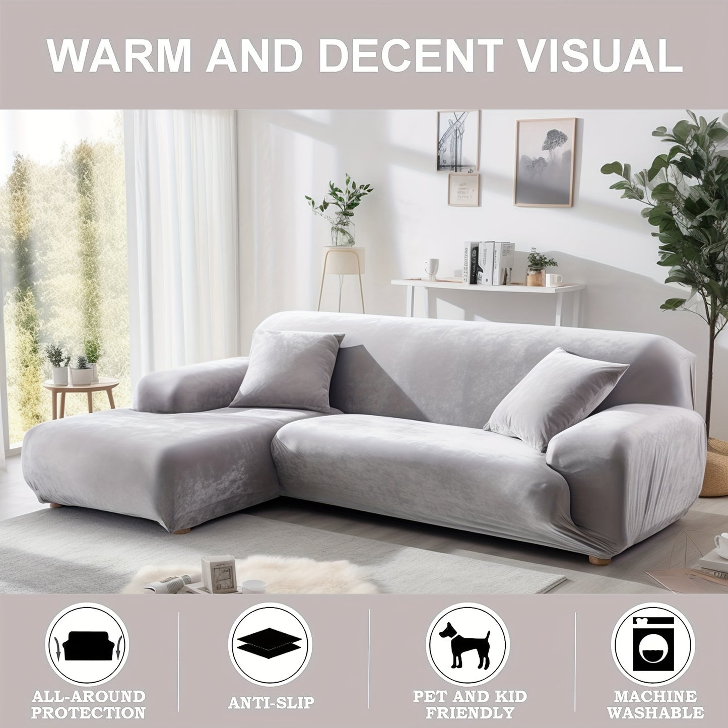 Sofa Cover Velvet Plush Thick High Stretch Elastic Fabric L Shape Sofa Slipcover Couch Cover 1 2 3 4 Seater Polyester Spandex Furniture Protector Cover Include Pillowcase for Living Room