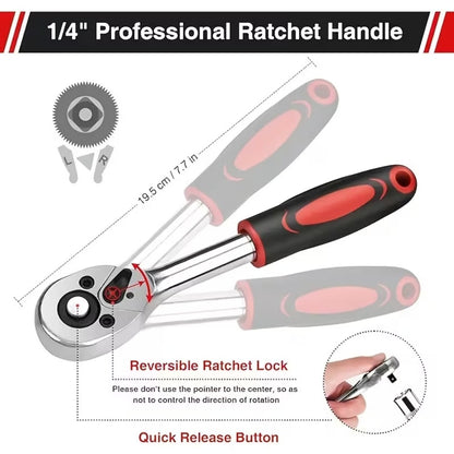 Socket Wrench Set 45pc Stainless Steel Ratchet Handle Drill Socket & Extension Bars – Heavy Duty Mechanic Hand Tool Kit for Car Repair with Storage Case