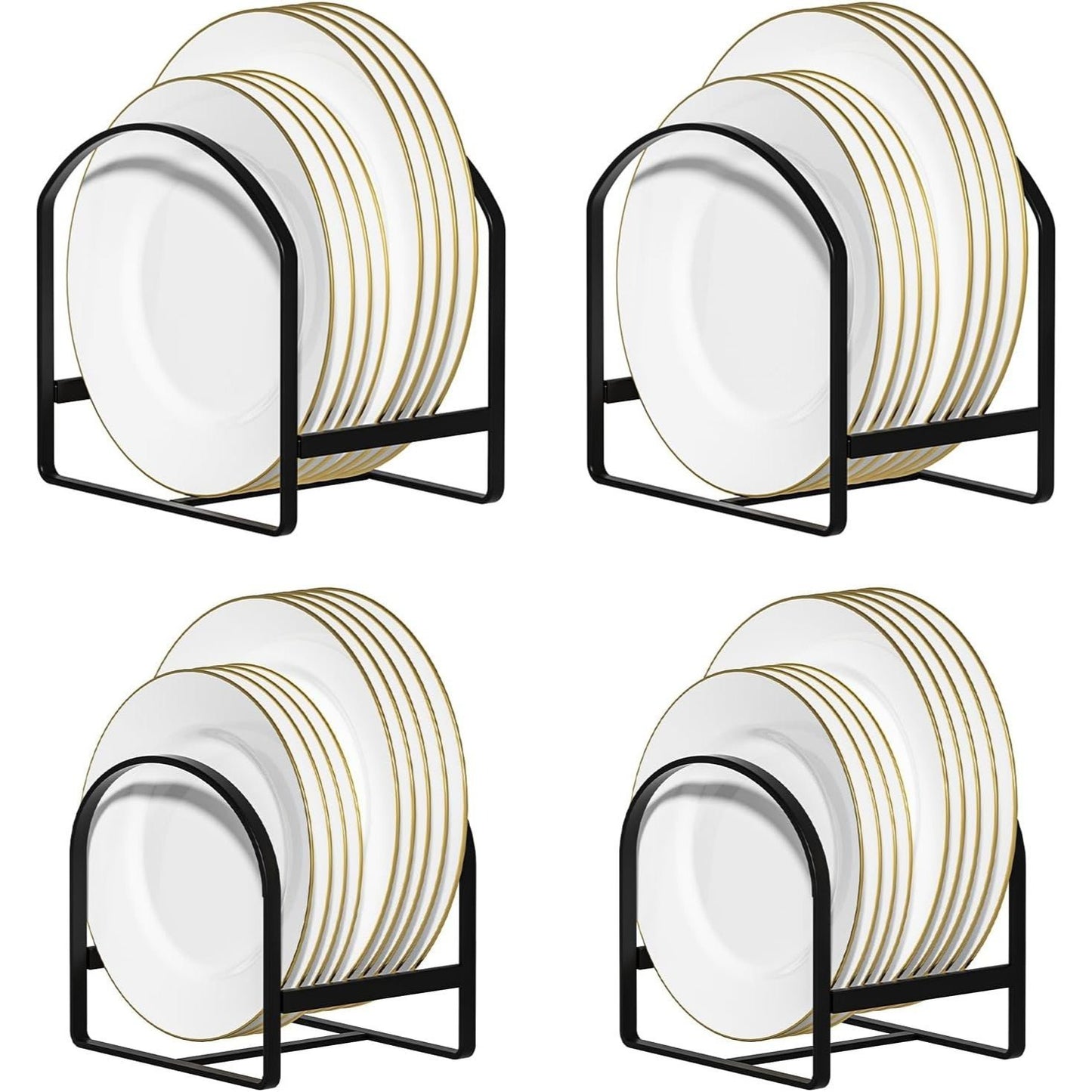 4 Pack Kitchen Plate Holder Organiser, Metal Dish Storage Rack for Cabinet, Cupboard & Countertop, Space Saver Upright Dish Drying Stand – 2 Large & 2 Small, Black