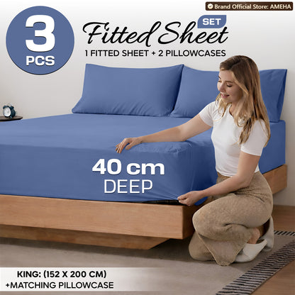 3pcs 40cm Extra Deep Fitted Sheet – Solid Color Soft & Comfortable Bed Sheet with 2pcs Matching Pillowcases, Breathable Fabric Soft Brushed Microfiber Bedding, Machine Washable for Home Bedroom, Hotel