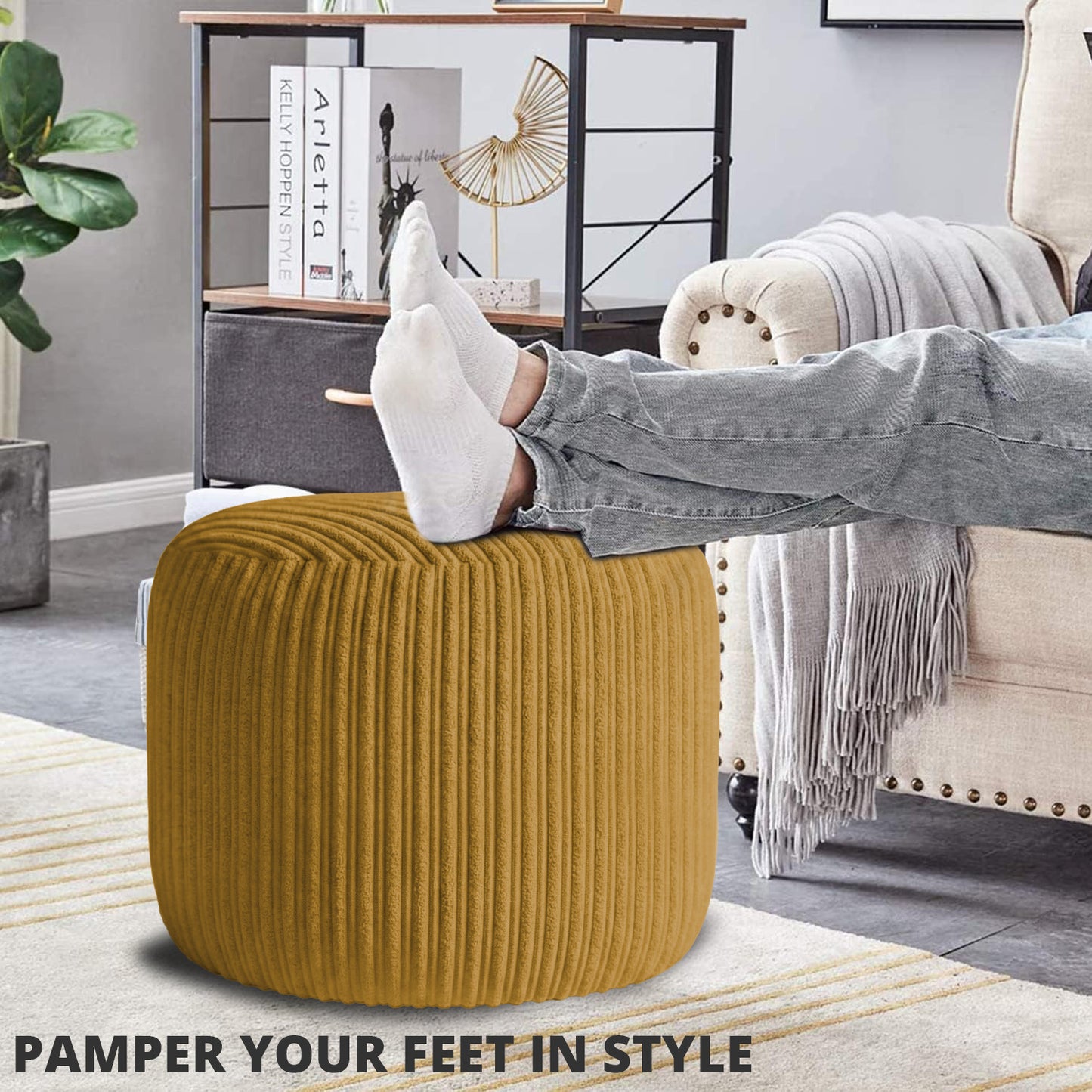 Jumbo Cord Footstool Pouffe, Round Shape Corduroy Bean Bag Ottoman Footrest for Lounge & Bedroom, Durable & Stylish Ergonomic Design