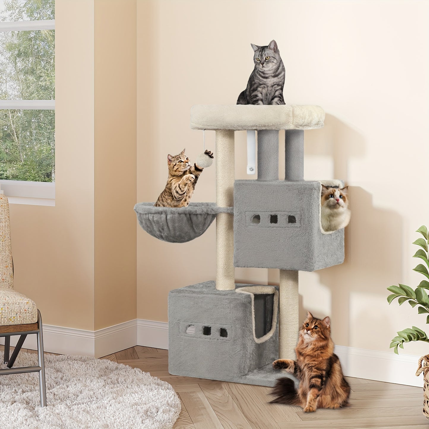 Cat Tree, Small Scratching Post, Multi-Storey Scratching Post with Perch, Cat House Furniture with 2 Caves, Sisal Cat Scratching Post, Hammock, 98 Cm
