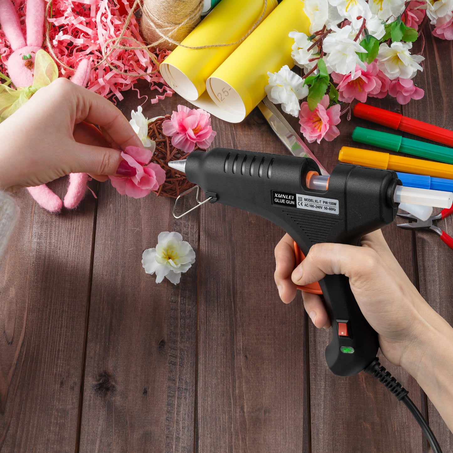 Hot Melt Glue Gun Machine Set with Glue Sticks 11mm Thin 20cm Long for Art & Crafts Kit School, Home - 100w Professional Electric UK Plug Heavy Duty - No-Drip Metal Tip, Safety Stand, Easy to Press Trigger
