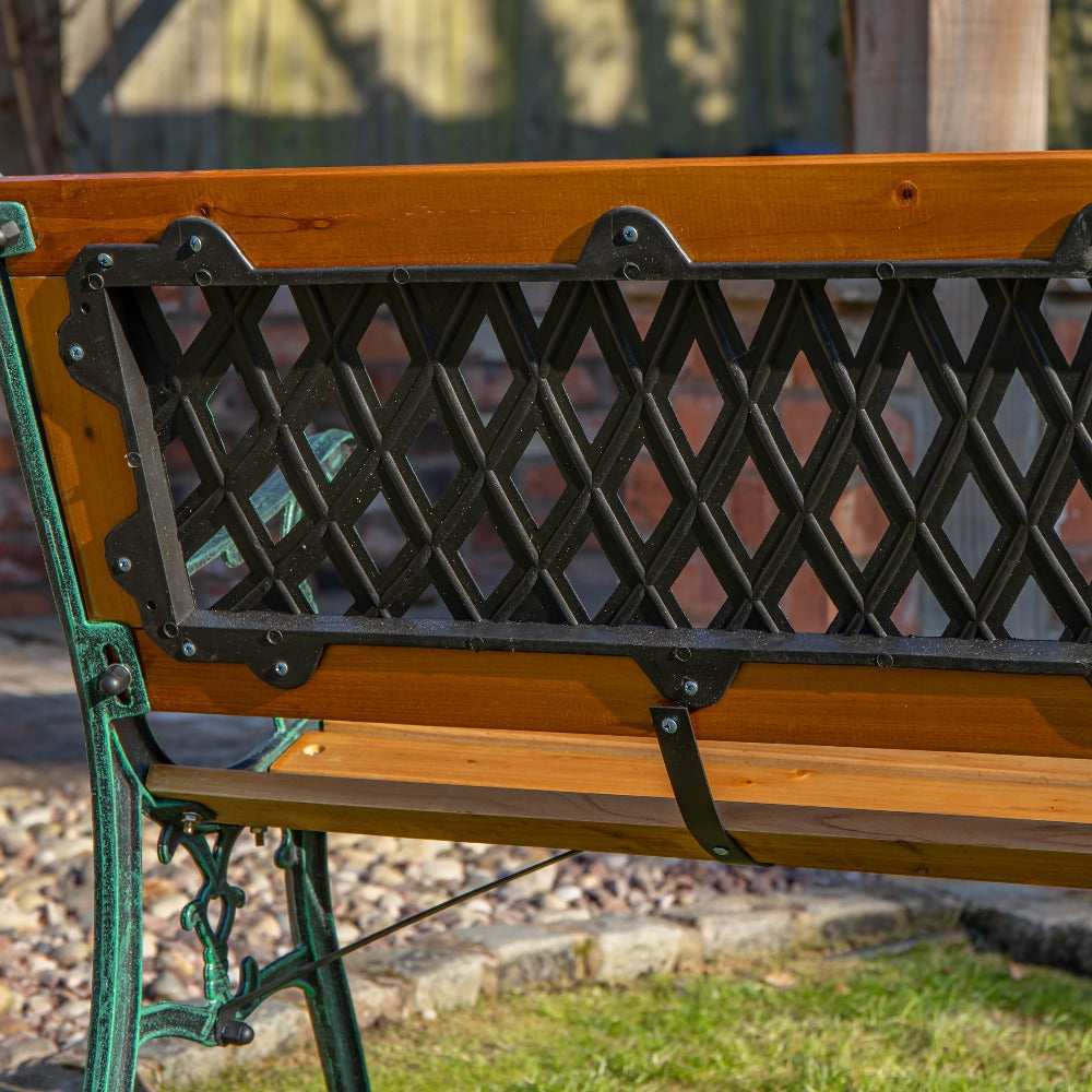 2 Seater Garden Bench Wooden Seat Cast Iron Legs Lattice Rose Backrest Outdoor Patio Bench 123cm Fir Wood Max 150kg Flat Pack