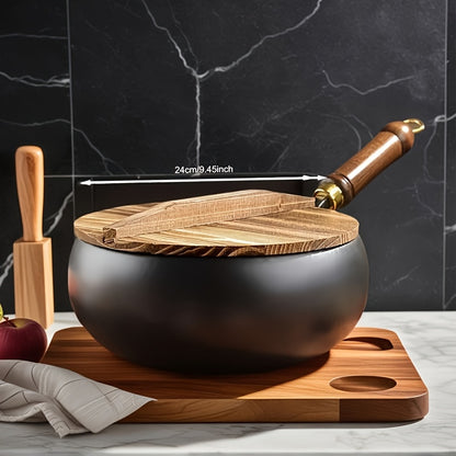 Professional Handmade Cast Iron Dutch Wok - Uncoated, Wooden Lid, Multi-Purpose Wok, Frying Pan Stock Pot Anti-Splatter Oven & All Stove Compatible Durable, Even Heating for Healthy