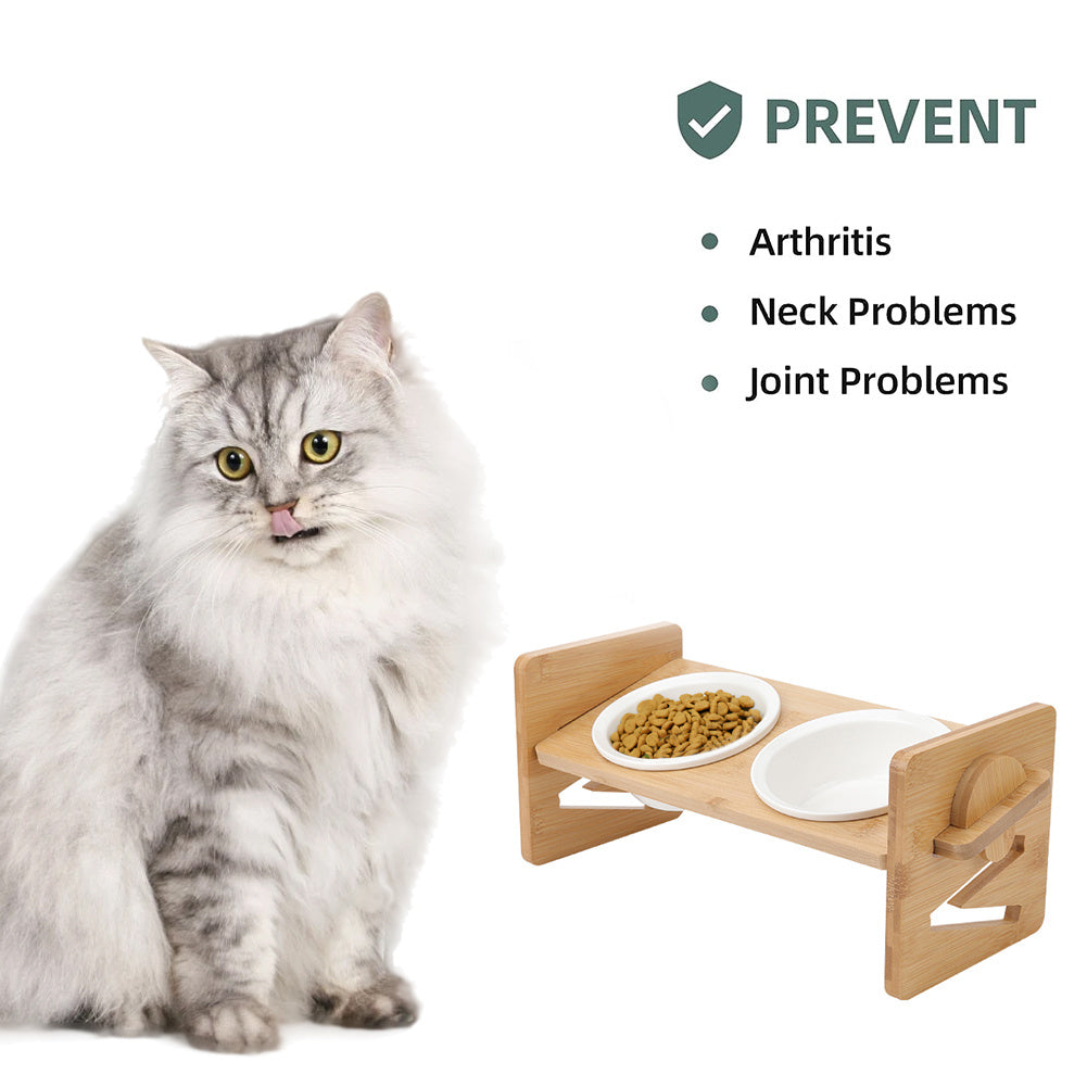 Raised Cat Bowl, Cat Bowls with Stand Tilted 15°, Adjustable Elevated Ceramic Cat Food Bowl for Cats and Small Dog, Adjustable Dog Bowl Stand - Raised Bamboo Stand with One, Two, or Three Ceramic Bowls for Feeding Small,Medium Sized Dogs, Cats,and Pets -
