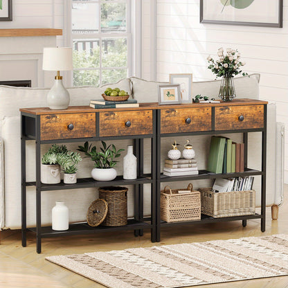 Narrow Console Table Featuring Two Drawers, a Storage Shelf, And a Modern Design, Suitable for The Living Room, Hallway, Entrance, Or Bedroom, in Rustic Brown And Black Colors