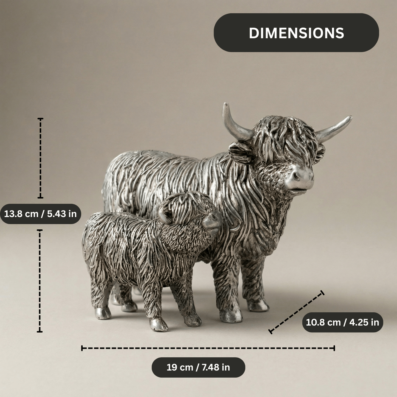 Silver Highland Cow and Calf Ornament - Resin Figurine
